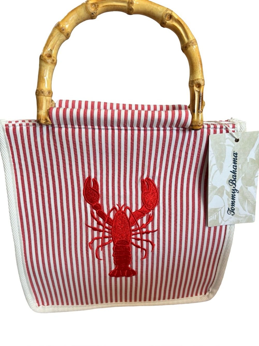 Tommy Bahama Red & White Striped Tote with Lobster Motif and Bamboo Handles
